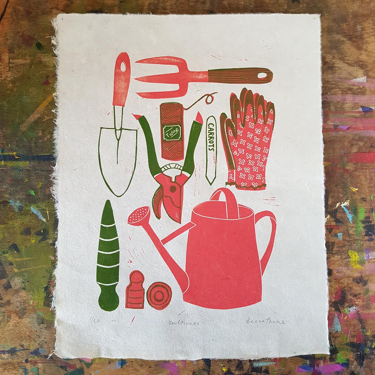 Lino printed garden implements in shades of pink and green, by Becca Thorne. Piece entitled 'Cultivate'.