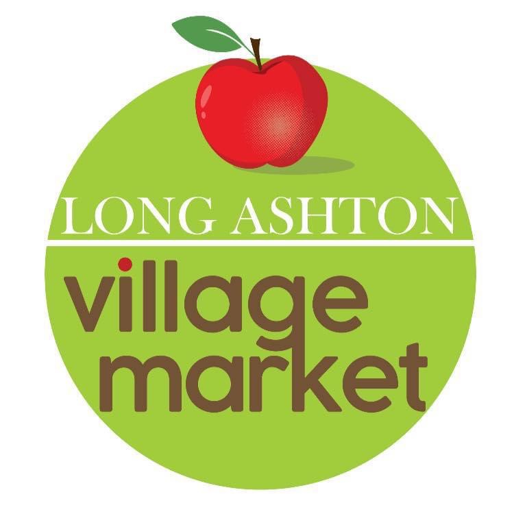 Long Ashton Village Market logo, with a red apple on a green background