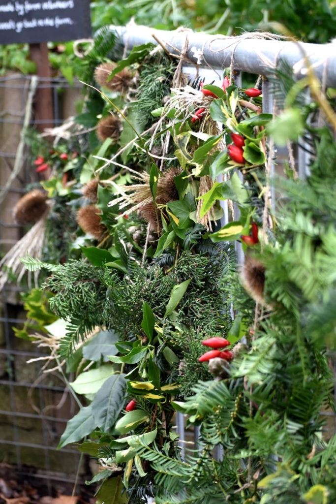 Christmas wreaths and foliage, with brightly coloured red chillies, at a winter market stall.