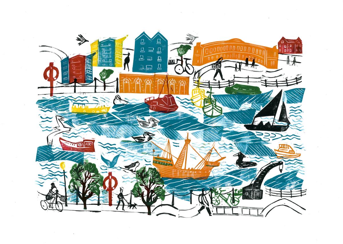 Detail of 'The Little Harbour Mermaid' a brightly coloured graphic print of Bristol by Victoria Willmott.